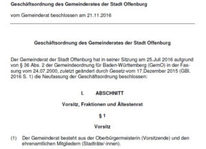 Mehr über den Artikel erfahren Geschäftsordnung des Gemeinderates der Stadt Offenburg