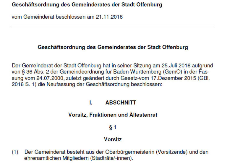 Mehr über den Artikel erfahren Geschäftsordnung des Gemeinderates der Stadt Offenburg