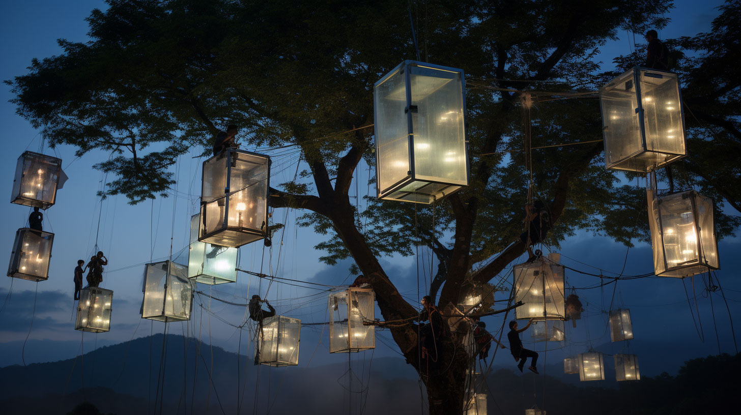 Große beleuchtete Laternen hängen in der Abenddämmerung von den Ästen eines hohen Baumes herab, wobei die Silhouetten der Figuren den Baum und die Laternen erklimmen. Im Hintergrund sind Berge und ein bewölkter Himmel zu sehen.