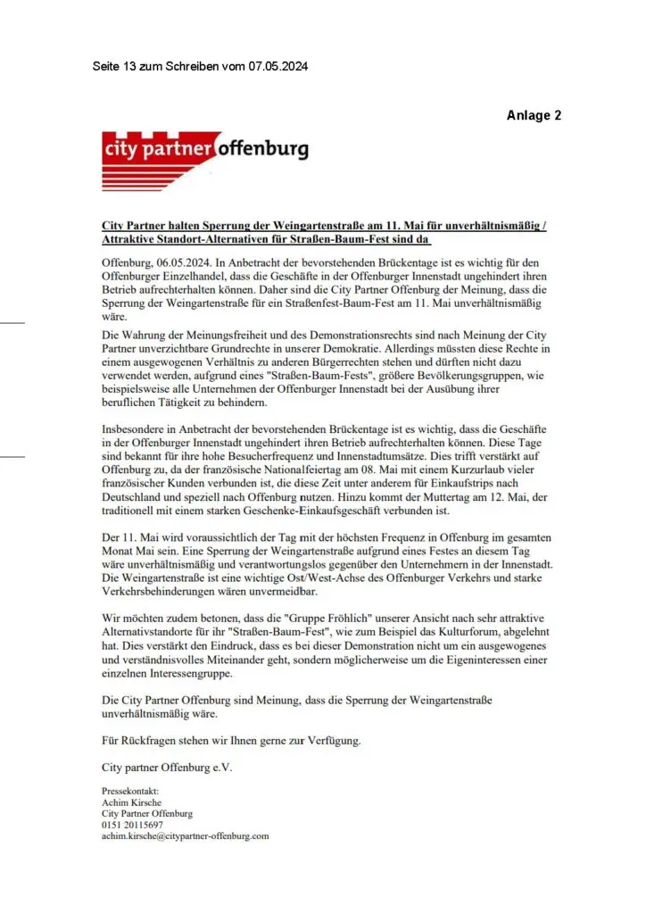 Ein deutschsprachiges Dokument von City Partner Offenburg vom Mai 2024, in dem die Auswirkungen der Demonstrationen auf die örtlichen Geschäfte und die Zugänglichkeit der Straßen am 11. Mai erörtert werden, mit hervorgehobenen Überschriften und offizieller Briefformatierung.