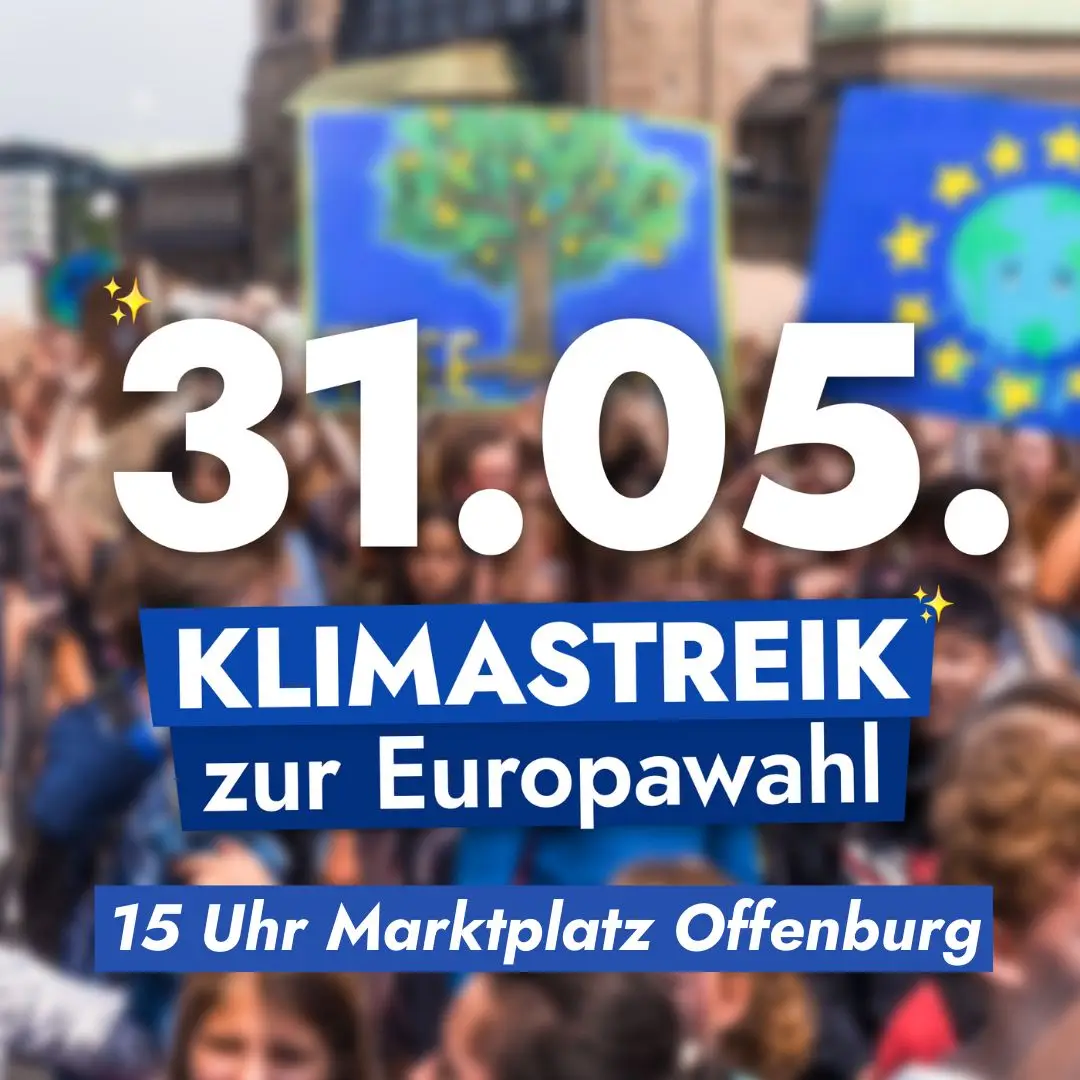 Eine Menschenmenge hält Klimaprotestschilder, darunter eines mit einem Baum im Inneren der EU-Flagge. Der fettgedruckte Text lautet: 31.05. KLIMASTREIK zur Europawahl, 15 Uhr Marktplatz Offenburg.