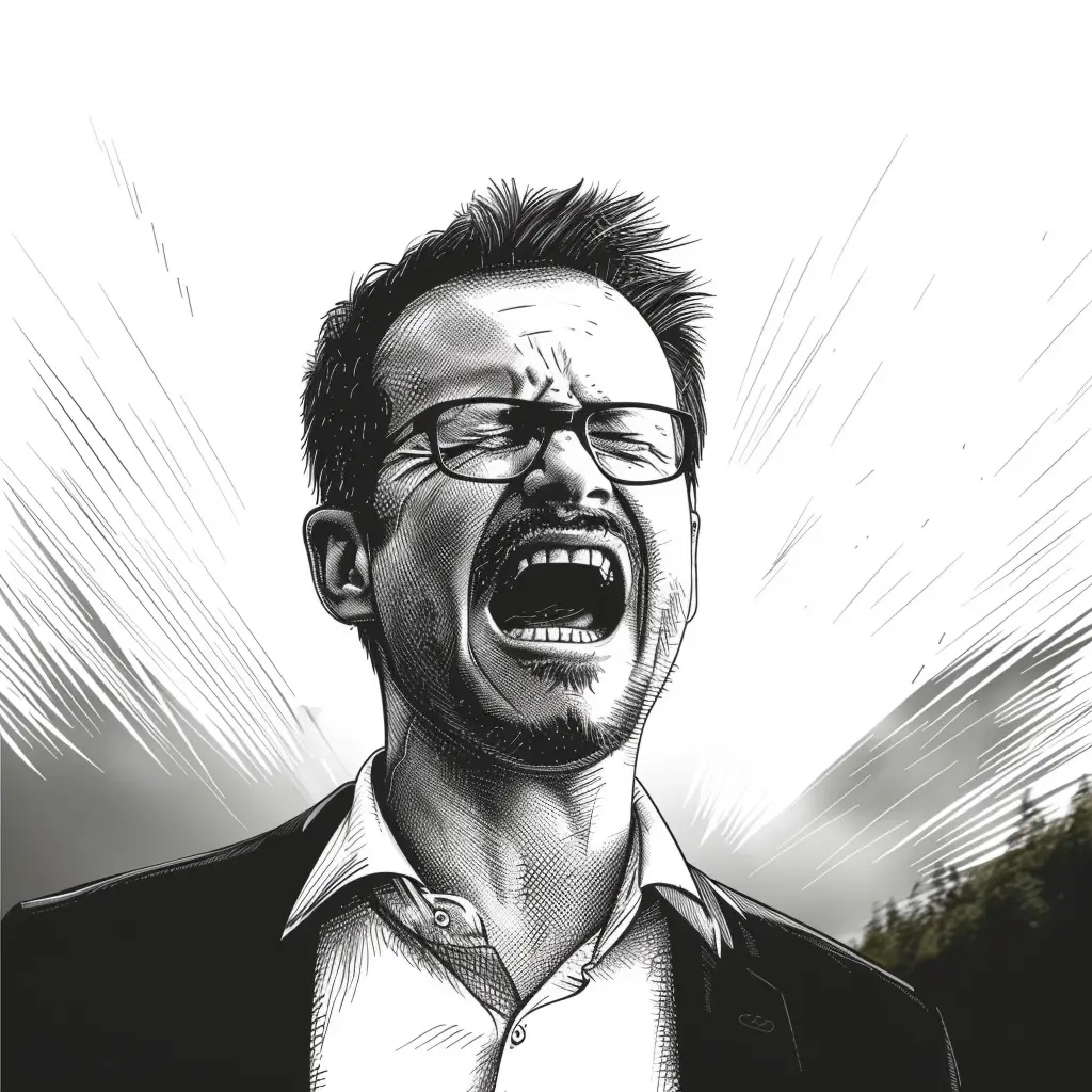 Eine Schwarz-Weiß-Illustration eines Mannes mit Brille und Anzug, mit weit geöffnetem Mund, als ob er schreien würde, und dramatischen Linien, die hinter ihm auftauchen.