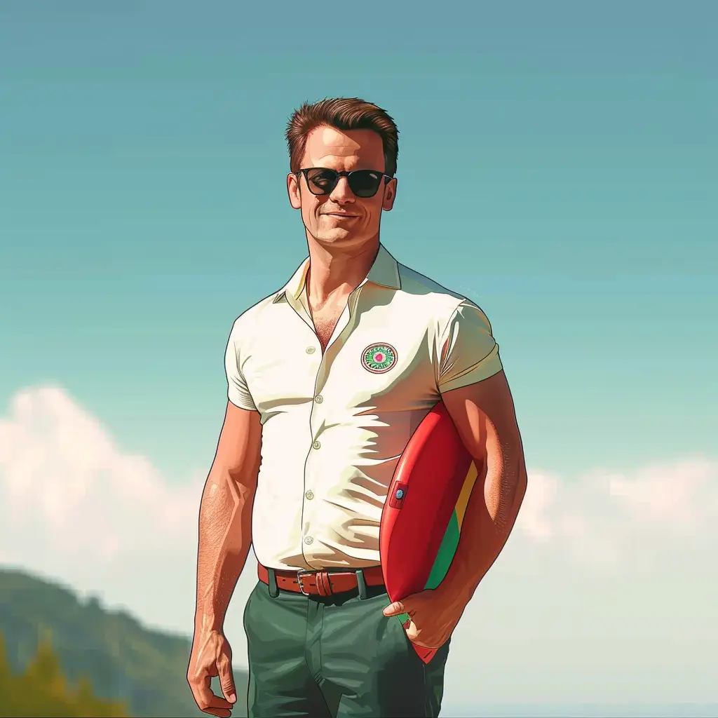 Ein Mann mit Sonnenbrille und einem kurzärmeligen weißen Hemd mit einem Emblem steht im Freien und hält ein rotes Surfbrett unter dem Arm. Der Hintergrund zeigt einen blauen Himmel mit einigen Wolken und einem Hauch von Grün.