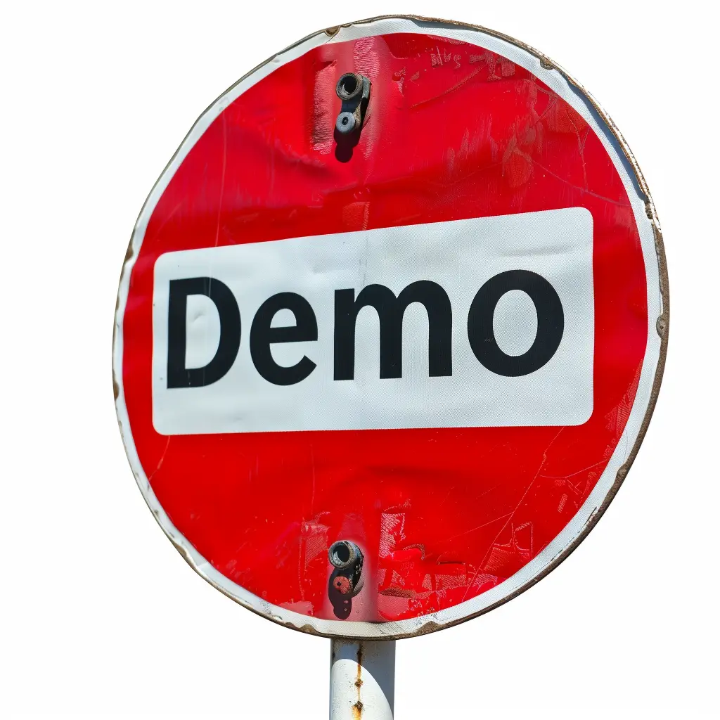 Ein rotes Straßenschild mit einem weißen Rechteck in der Mitte, auf dem das Wort Demo in fetten schwarzen Buchstaben steht; das Schild wirkt verwittert und abgenutzt.