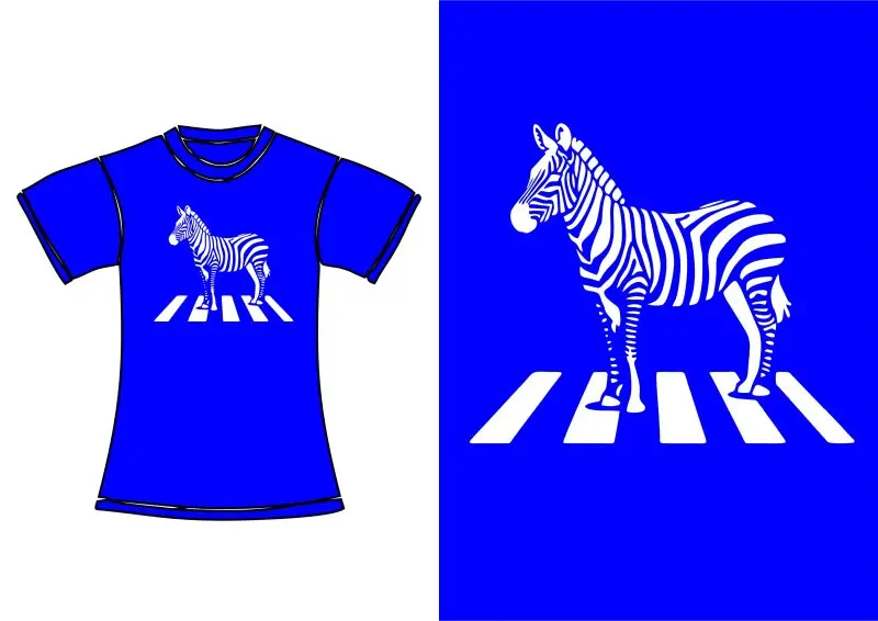 Ein blaues T-Shirt mit einem weißen Zebra, das auf einem Zebrastreifen steht, der an die Streifen des Tieres erinnert. Neben dem T-Shirt ist eine größere Version desselben Zebras und Zebrastreifens auf blauem Hintergrund abgebildet.