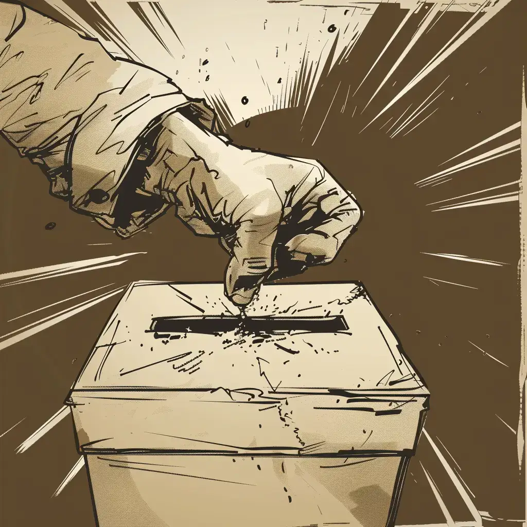 Man sieht eine Hand, die einen Stimmzettel in eine Schachtel wirft, dargestellt im Stil einer Skizze mit dynamischen Linien, die Aktion und Dringlichkeit betonen. Das Bild vermittelt das Konzept des Wählens oder des Treffens einer Entscheidung.