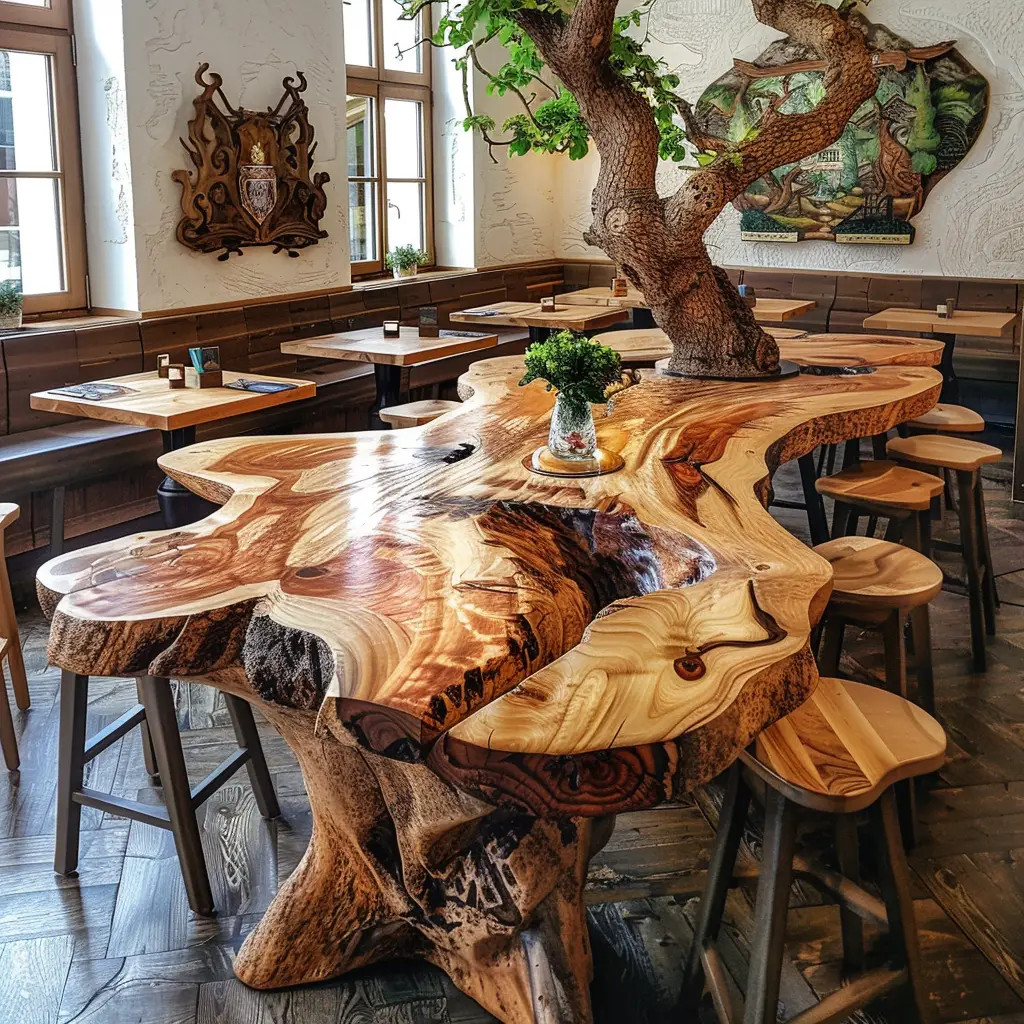 Ein großer, polierter Holztisch mit natürlichen Kanten und einem Baumstamm in der Mitte steht in einem stilvollen Café, umgeben von Holzhockern und hellen Fenstern.