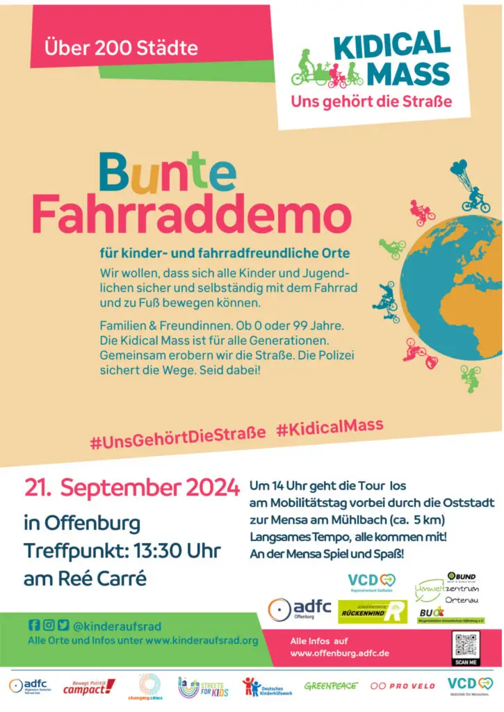 Buntes Flugblatt für die Fahrraddemonstration "Kidical Mass" in Offenburg am 21. September 2024 mit Veranstaltungshinweisen, Kindern auf Fahrrädern, verspielten Grafiken und Logos der unterstützenden Organisationen.