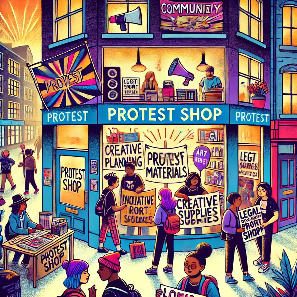 Eine lebhafte Straßenszene zeigt einen belebten Laden an der Ecke, den Protest Shop, der Kreativbedarf, Protestmaterial, rechtliche Unterstützung und Planungsberatung anbietet. Menschen versammeln sich drinnen und draußen und bereiten sich auf Aktivismus und Community-Organisation vor.
