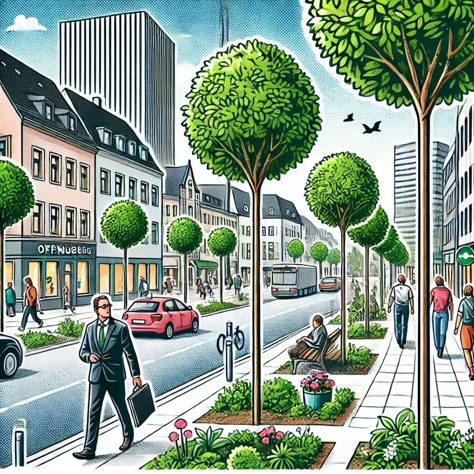 Eine belebte Stadtstraße mit Bäumen auf breiten Bürgersteigen, Menschen, die spazieren gehen und auf Bänken sitzen, Autos und ein Bus auf der Straße und moderne Gebäude im Hintergrund unter einem blauen Himmel mit fliegenden Vögeln.