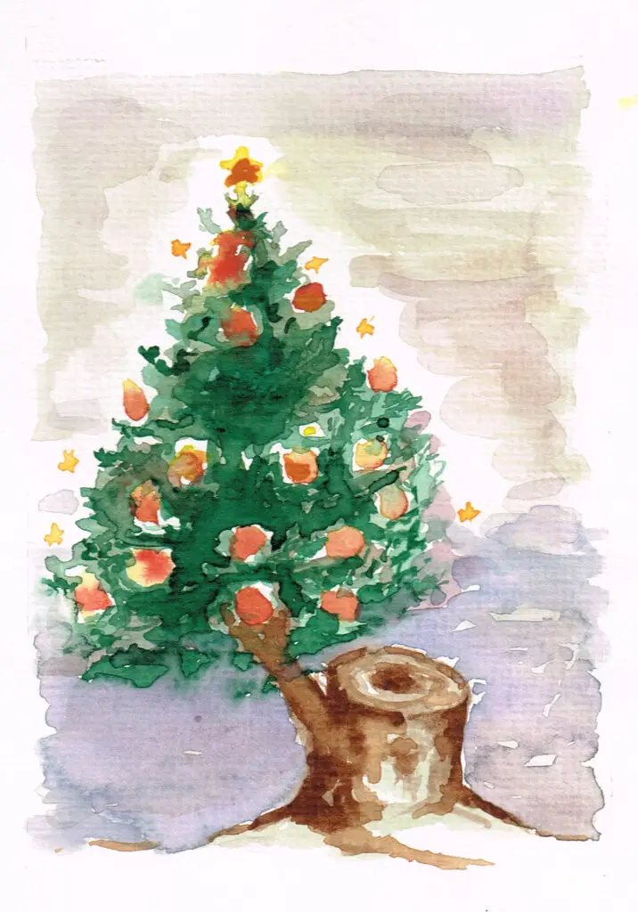 Ein Aquarell eines geschmückten Weihnachtsbaums mit orangefarbenen Ornamenten, goldenen Sternen und einem gelben Stern auf der Spitze, der auf verschneitem Boden neben einem Baumstumpf steht.