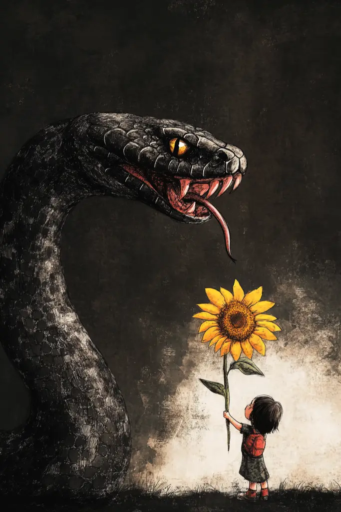 Ein kleines Kind bietet einer hoch aufragenden, bedrohlichen schwarzen Schlange mit glühenden Augen und entblößten Reißzähnen vor einem dunklen, strukturierten Hintergrund eine große Sonnenblume an.
