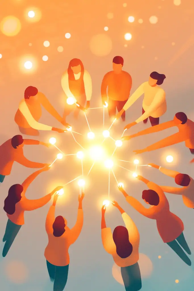 Eine Gruppe von Menschen, die in einem Kreis stehen und jeweils eine Hand ausstrecken, um leuchtende Lichtpunkte in der Mitte zu berühren, die Verbindung und Einheit symbolisieren, mit warmen Orangetönen und sanfter Beleuchtung.
