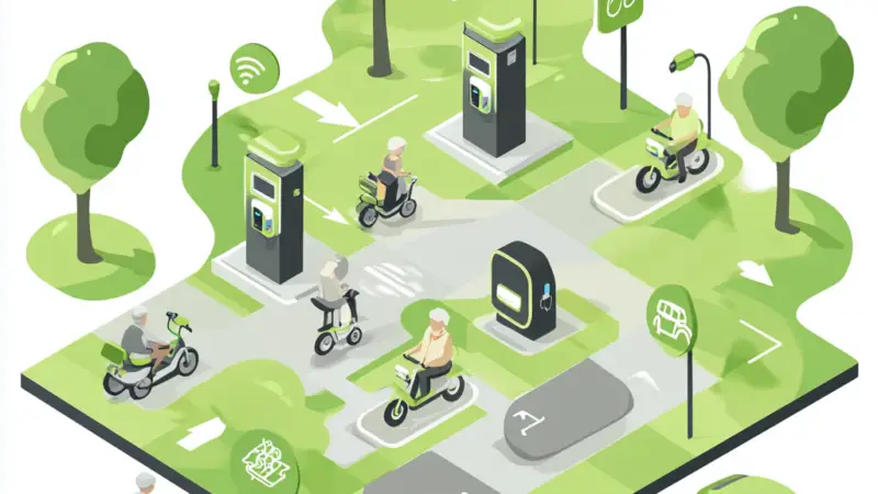 Isometrische Illustration von Menschen, die mit Elektrorollern und Fahrrädern in einem Park mit grünen Ladestationen fahren, mit Bäumen, Ladestationen, einem kleinen grünen Auto und umweltfreundlichen Symbolen in der Szene.