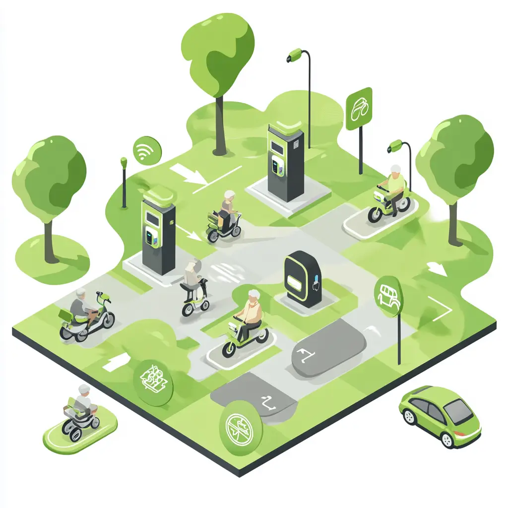 Isometrische Illustration von Menschen, die mit Elektrorollern und Fahrrädern in einem Park mit grünen Ladestationen fahren, mit Bäumen, Ladestationen, einem kleinen grünen Auto und umweltfreundlichen Symbolen in der Szene.