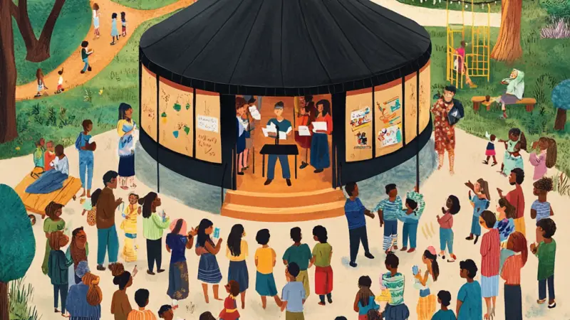 Eine illustrierte Parkszene zeigt eine bunte Menschenmenge, die sich um einen Pavillon versammelt hat, in dem zwei Personen einen Vortrag halten. In der Nähe spielen Kinder auf Schaukeln und an einem Teich, während Bäume und Grünflächen die lebhafte Veranstaltung umgeben.