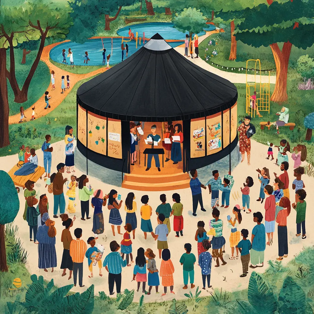 Eine illustrierte Parkszene zeigt eine bunte Menschenmenge, die sich um einen Pavillon versammelt hat, in dem zwei Personen einen Vortrag halten. In der Nähe spielen Kinder auf Schaukeln und an einem Teich, während Bäume und Grünflächen die lebhafte Veranstaltung umgeben.