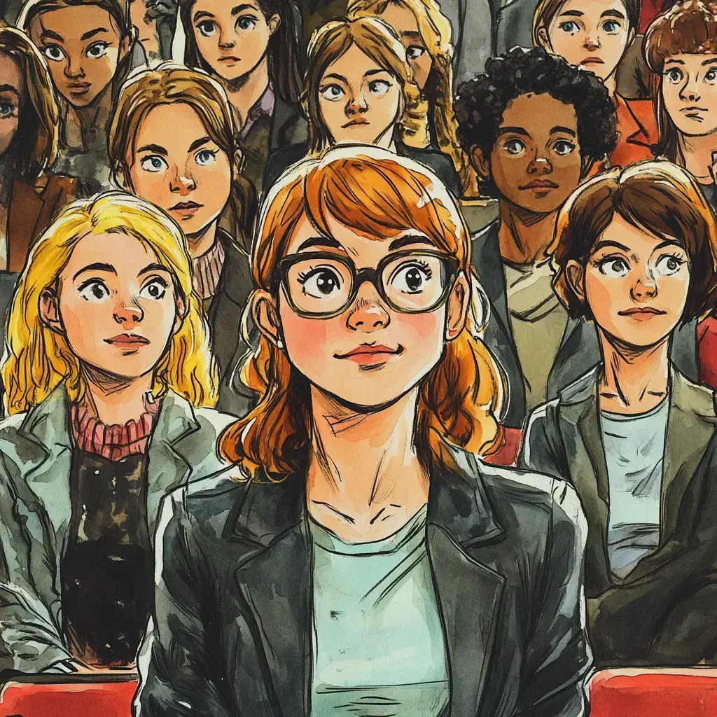 Eine junge Frau mit Brille sitzt in der ersten Reihe eines Publikums, umgeben von verschiedenen Frauen, die alle aufmerksam nach vorne schauen. Die Szene ist in einem lebhaften, animierten Stil illustriert.