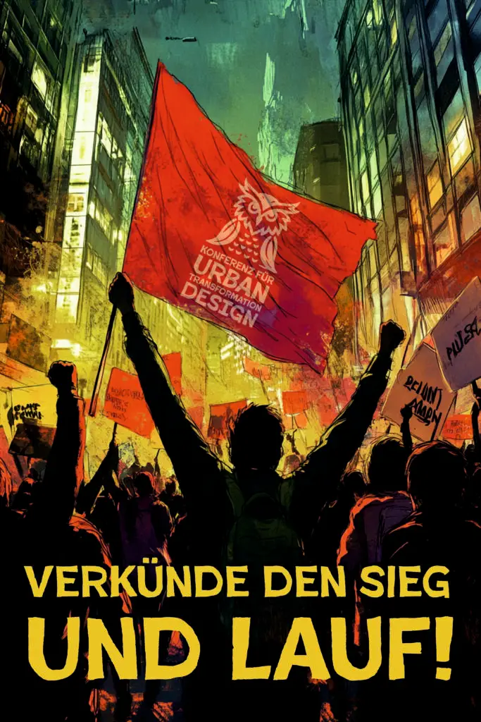 Eine Person hält eine rote Fahne inmitten einer Menge von Demonstranten auf einer Straße in der Stadt bei Sonnenuntergang. Auf der Fahne steht Urban Design. Am unteren Rand steht in fetten gelben Buchstaben VERKÜNDE DEN SIEG UND LAUF!.