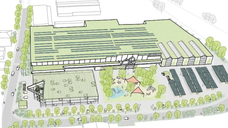 Illustration eines großen Gebäudekomplexes mit Sonnenkollektoren auf den Dächern, umgeben von Bäumen. Dazu gehören ein Außenbereich mit Spielgeräten, ein Parkplatz mit Solardächern und mehrere miteinander verbundene Gebäude.