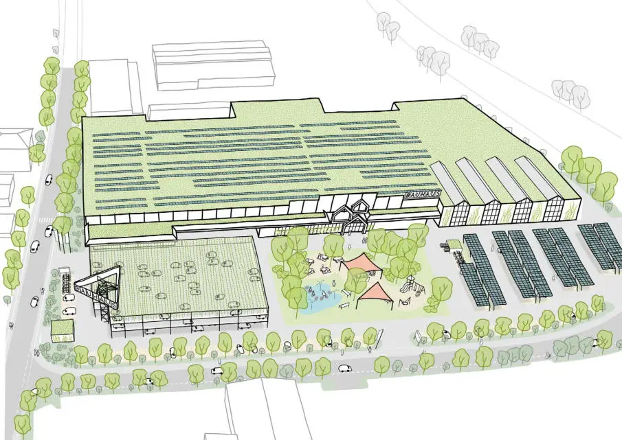 Illustration eines großen Gebäudekomplexes mit Sonnenkollektoren auf den Dächern, umgeben von Bäumen. Dazu gehören ein Außenbereich mit Spielgeräten, ein Parkplatz mit Solardächern und mehrere miteinander verbundene Gebäude.
