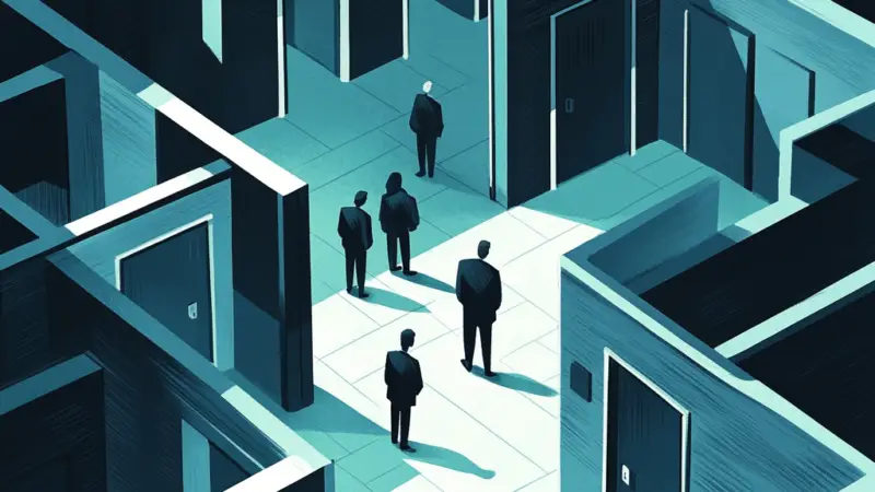 Illustration von Menschen in Geschäftsanzügen, die durch ein Labyrinth aus hohen, dunklen Wänden und Korridoren mit verschlossenen Türen gehen, die Komplexität oder Hindernisse in einer Unternehmensumgebung symbolisieren.