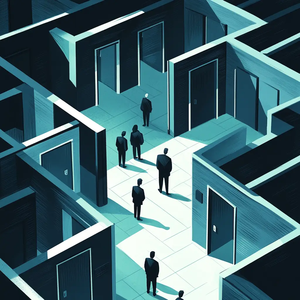 Illustration von Menschen in Geschäftsanzügen, die durch ein Labyrinth aus hohen, dunklen Wänden und Korridoren mit verschlossenen Türen gehen, die Komplexität oder Hindernisse in einer Unternehmensumgebung symbolisieren.