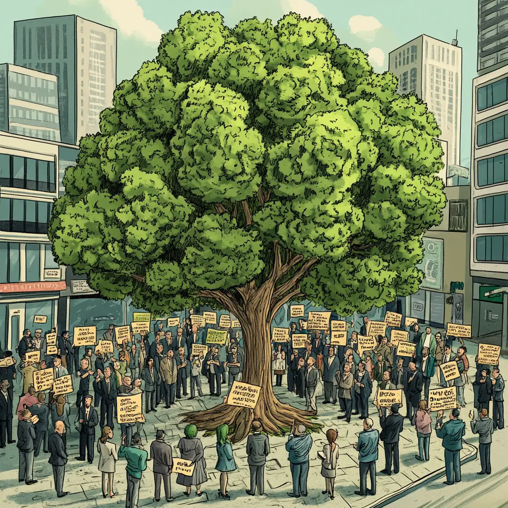 Eine große Gruppe von Menschen in Geschäftskleidung hält Protestschilder, während sie sich um einen großen Baum auf einem von hohen Gebäuden umgebenen Stadtplatz versammelt.