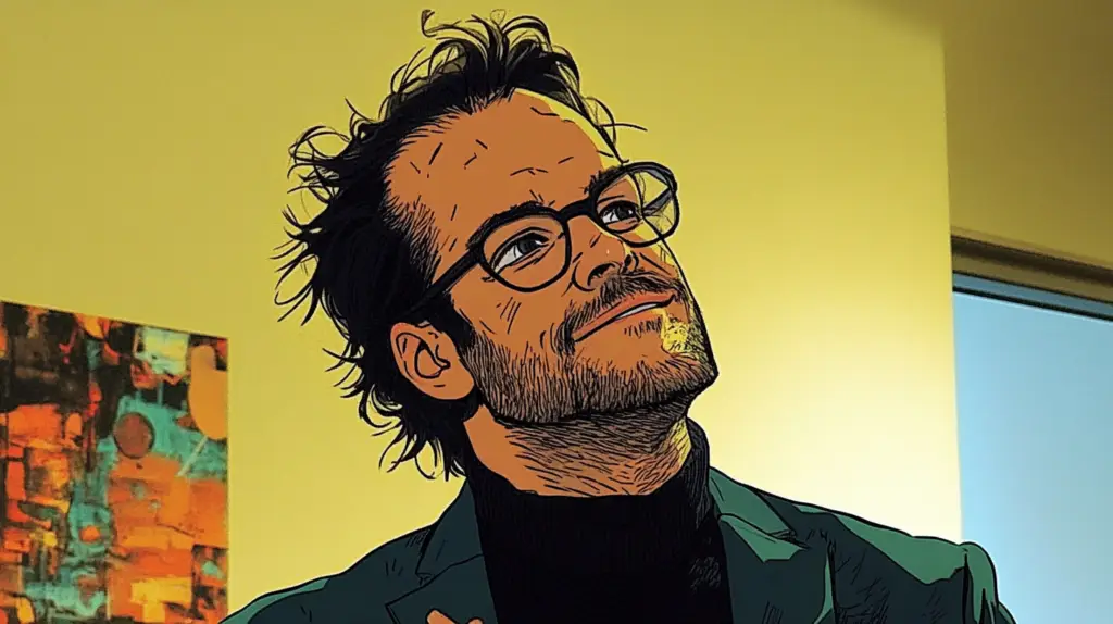 Ein Mann mit Brille und zerzaustem Haar, der einen dunklen Rollkragenpullover und einen Blazer trägt, blickt mit nachdenklicher Miene nach oben. Hinter ihm hängt ein buntes abstraktes Gemälde an der Wand.