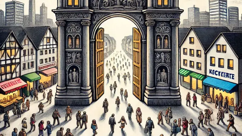 Ein großes Steintor mit offenen Türen, auf denen Fahnen wehen, steht zwischen Reihen von traditionellen und modernen Gebäuden. Menschenmassen gehen durch das Tor und versammeln sich auf der belebten Straße der Stadt unter dem bewölkten Himmel.