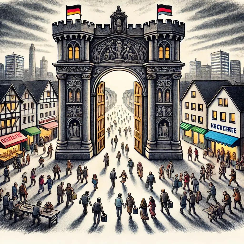 Ein großes Steintor mit offenen Türen, auf denen Fahnen wehen, steht zwischen Reihen von traditionellen und modernen Gebäuden. Menschenmassen gehen durch das Tor und versammeln sich auf der belebten Straße der Stadt unter dem bewölkten Himmel.