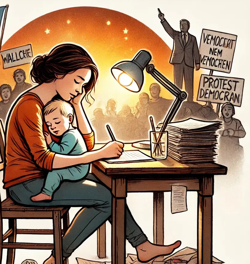 Eine müde Frau schreibt an einem Schreibtisch unter einer Lampe und tröstet ein schlafendes Kind auf ihrem Schoß. Hinter ihr halten Demonstranten Schilder mit der Aufschrift "Protest" und "Demokratie", während ein Redner im Schein der untergehenden Sonne zur Menge spricht.