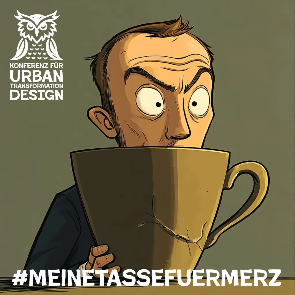 Ein Cartoon-Mann mit einem überraschten Gesichtsausdruck hält eine riesige Kaffeetasse. Das Bild zeigt das Logo und den Text Konferenz für Urban Transformation Design oben links und #MEINETASSEFUERMERZ unten.