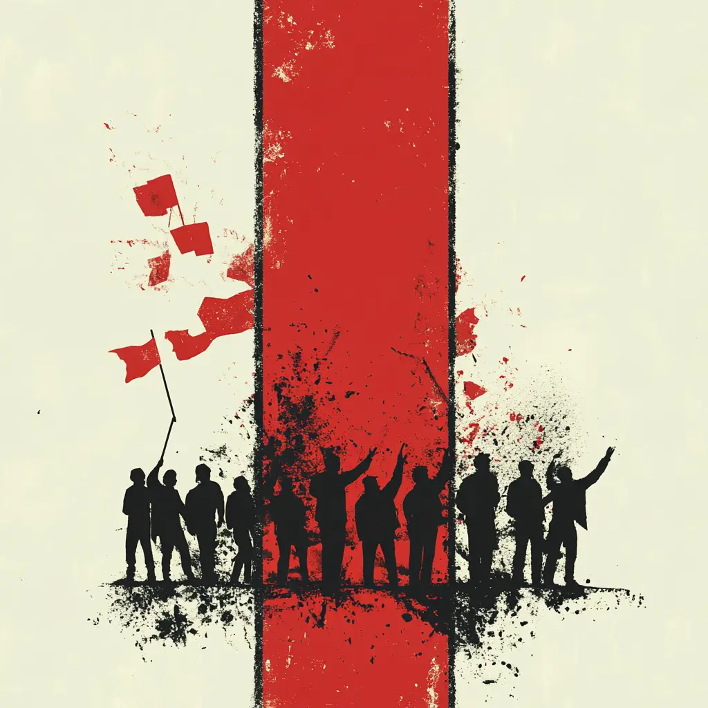 Silhouetten von Menschen stehen und schwenken Fahnen vor einem breiten, vertikalen roten Streifen mit Farbspritzern, die an eine Protest- oder Demonstrationsszene erinnern.