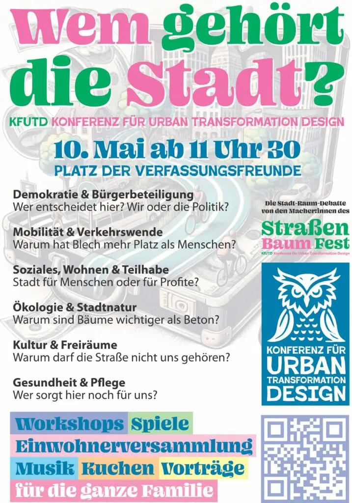 Buntes Veranstaltungsplakat in deutscher Sprache für die Konferenz "Wem gehört die Stadt?" mit Themen wie Demokratie, Mobilität und soziale Fragen sowie Datum, Uhrzeit, Ort, Kinderaktivitäten und Workshops für Familien.