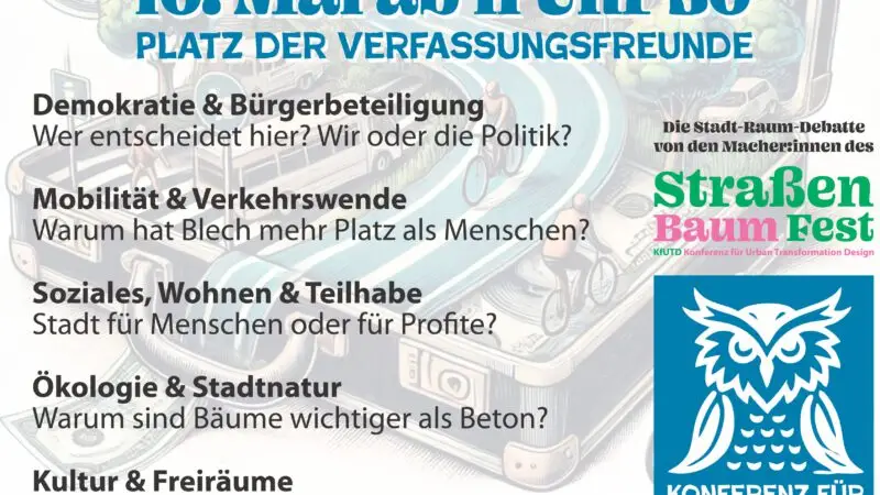 Buntes Veranstaltungsplakat in deutscher Sprache für die Konferenz "Wem gehört die Stadt?" mit Themen wie Demokratie, Mobilität und soziale Fragen sowie Datum, Uhrzeit, Ort, Kinderaktivitäten und Workshops für Familien.