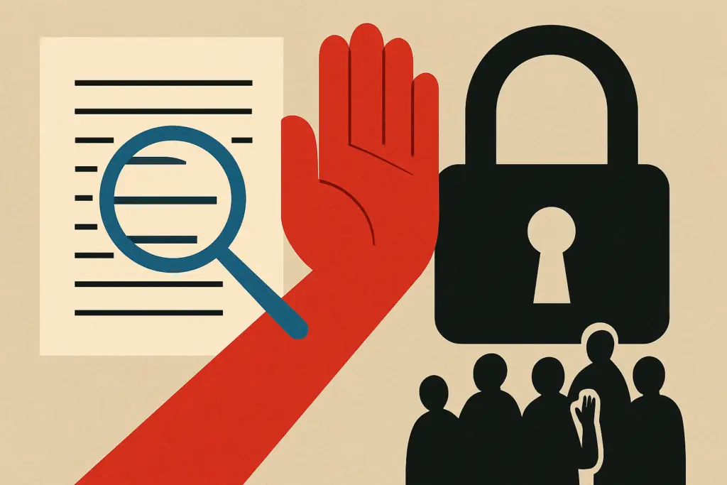 Die Illustration zeigt eine rote Hand, die zwischen einem Dokument mit einer Lupe und einem Vorhängeschloss mit silhouettierten Personen erhoben ist und die Privatsphäre, den Datenschutz oder den beschränkten Zugang zu Informationen symbolisiert.