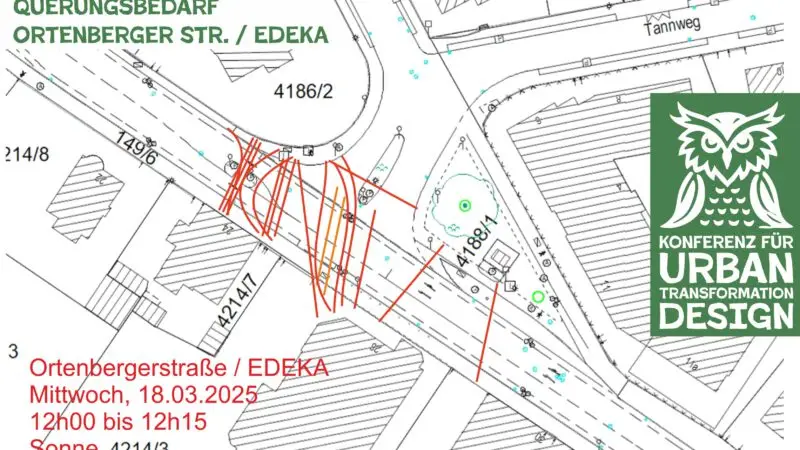 Karte mit Überquerungsrouten an der Ortenberger Straße/EDEKA in Gießen, Deutschland, mit roten Linien, die die Fußgängerbewegungen anzeigen. Im Text sind Datum, Uhrzeit, Sonnenstand und Anzahl der Überquerungen angegeben. Das Eulenlogo der Urban Transformation Design Konferenz ist sichtbar.