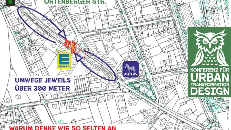 Eine Karte, die lange Umwege für Fußgänger (über 300 Meter) zeigt, um die Ortenberger Straße in der Nähe eines Edeka-Marktes zu überqueren, mit hervorgehobenen Fußgängerüberwegen, Verkehrsschildern und einem deutschen Text, der die Stadtgestaltung für Kinder und ältere Menschen in Frage stellt.