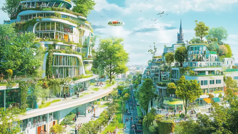 Eine pulsierende, futuristische Stadt mit grünen Gebäuden, die mit Bäumen und Pflanzen bewachsen sind, fliegenden Fahrzeugen am Himmel und Menschen, die auf einer breiten, sonnigen, von üppigem Grün gesäumten Straße spazieren oder Rad fahren.