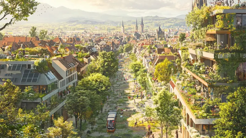 Eine lebendige Stadtszene mit von Bäumen gesäumten Straßen, Spaziergängern und Radfahrern, Dachgärten, umweltfreundlichen Gebäuden, einer Straßenbahn und entfernten Kirchtürmen unter einem hellen, sonnigen Himmel mit vereinzelten Wolken und fliegenden Vögeln.