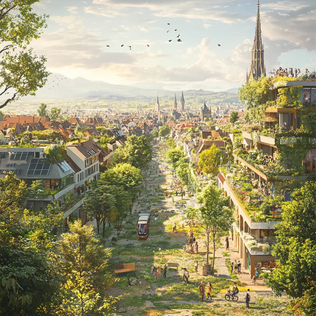 Eine lebendige Stadtszene mit von Bäumen gesäumten Straßen, Spaziergängern und Radfahrern, Dachgärten, umweltfreundlichen Gebäuden, einer Straßenbahn und entfernten Kirchtürmen unter einem hellen, sonnigen Himmel mit vereinzelten Wolken und fliegenden Vögeln.