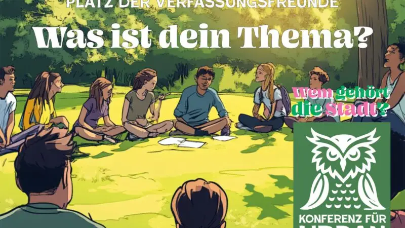 Ein farbenfrohes Plakat für eine Konferenz zeigt Menschen, die in einem Kreis auf einer Wiese sitzen, mit einem Text über eine öffentliche Versammlung am 10. Mai; die Veranstaltungen umfassen Workshops, Spiele, Musik und Vorträge für die ganze Familie.