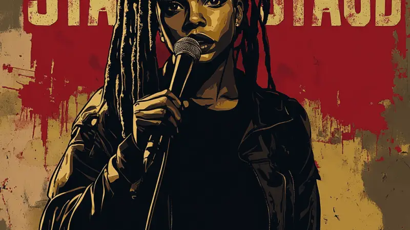 Eine Person mit langen Dreadlocks hält ein Mikrofon auf der Bühne und trägt eine dunkle Jacke. Dahinter steht in fetter roter und gelber Schrift teilweise STAUB vor einem gestörten Hintergrund.