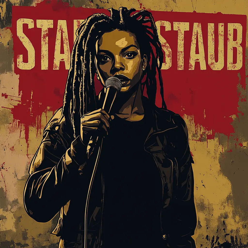 Eine Person mit langen Dreadlocks hält ein Mikrofon auf der Bühne und trägt eine dunkle Jacke. Dahinter steht in fetter roter und gelber Schrift teilweise STAUB vor einem gestörten Hintergrund.