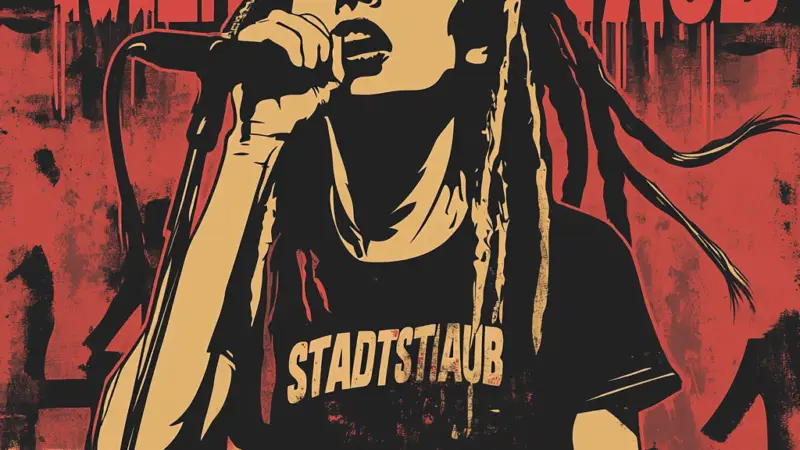 Illustration einer Frau mit Dreadlocks, die in ein Mikrofon singt und ein T-Shirt mit der Aufschrift STADTSTAUB trägt. Fetter roter und schwarzer Hintergrund mit dem großen Text MEHR STAUB hinter ihr. Schäbiger, energiegeladener Stil.