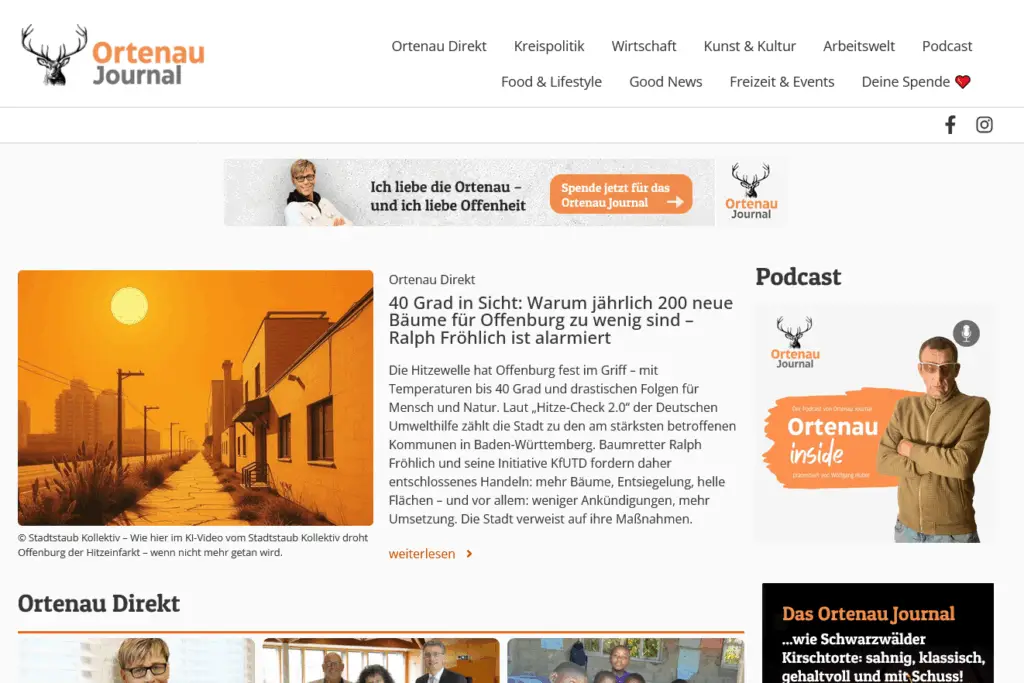 Screenshot der Homepage des Ortenau Journals mit einem Artikel mit einem orangefarbenen Bild einer Straße und einer Sonne, einem Podcast-Bereich, einem Navigationsmenü und einer Seitenleiste mit einem Profilfoto und einem Spendenbutton.