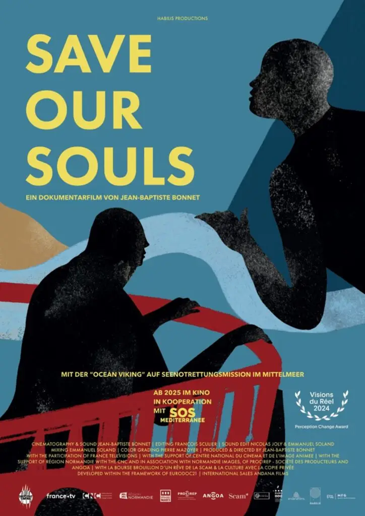 Das Plakat für den Dokumentarfilm Save Our Souls zeigt zwei abstrakte menschliche Figuren, die sich über einem stilisierten Meer entgegenstrecken, mit fettgedrucktem Text und Logos von Filmfestivals und Kooperationspartnern am unteren Rand.