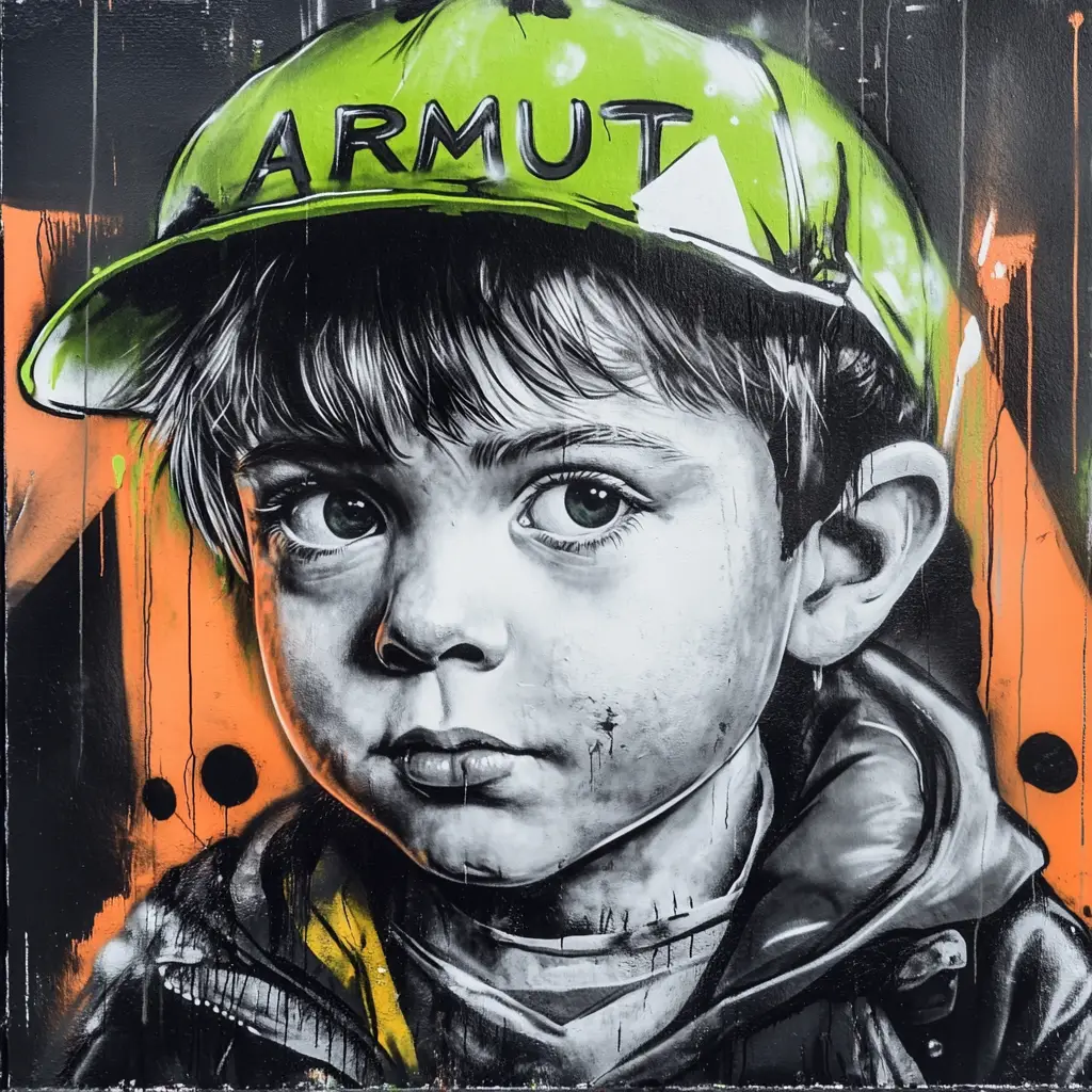 Eine Wandmalerei im Graffiti-Stil, die einen kleinen Jungen mit großen, ausdrucksstarken Augen zeigt, der eine leuchtend grüne Mütze mit der Aufschrift ARMUT trägt. Das Bild ist hauptsächlich in Schwarz, Weiß und Orange gehalten, mit Farbspritzern im Hintergrund.