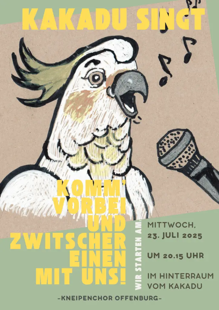 Ein Plakat mit einem Vogel und einem Mikrofon.